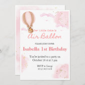 ピンクの熱気球 1歳の誕生日 雲の招待状 招待状 (正面/裏面)