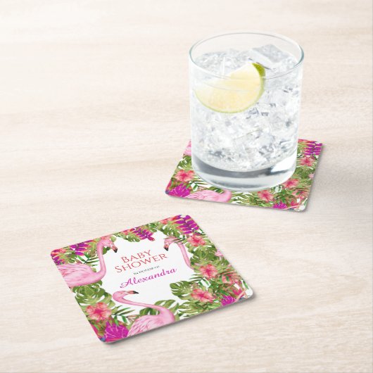 ピンクの燃える熱帯野生生物ガールベビーシャワー スクエアペーパーコースター (インサイチュ)