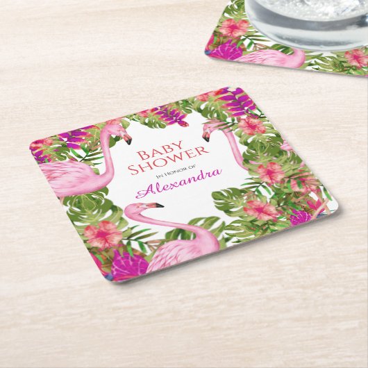 ピンクの燃える熱帯野生生物ガールベビーシャワー スクエアペーパーコースター (アングル)