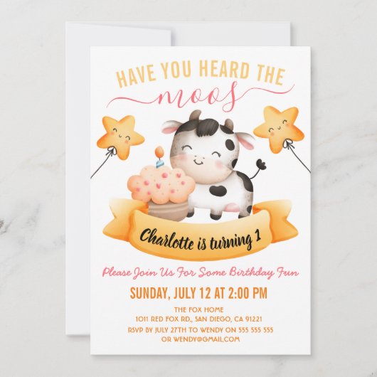 ピンクの牛のプリントの最初の誕生日は私はmoosを聞いた 招待状 (正面)