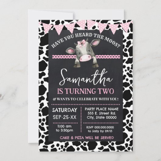 ピンクの牛の声を聞いたことがあるMoosの誕生日 招待状 (正面)
