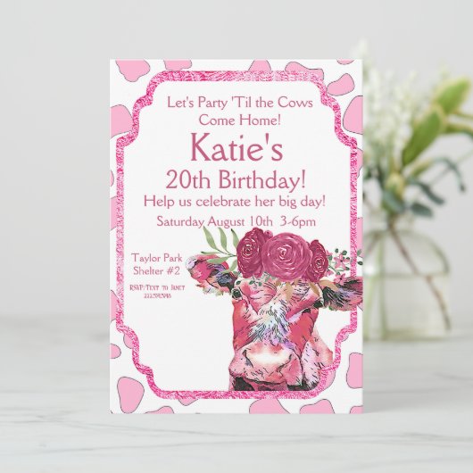 ピンクの牛の招待状、任意の年齢、牛の誕生日パーティー 招待状 (スタンド正面)