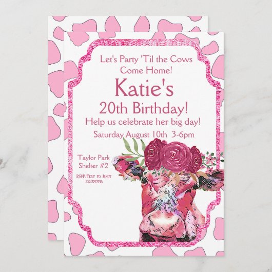 ピンクの牛の招待状、任意の年齢、牛の誕生日パーティー 招待状 (正面/裏面)