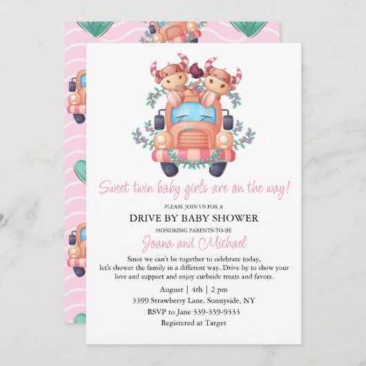ピンクの牛ピンクの車ツインガールズベビーシャワーでドライブ 招待状 (正面/裏面)