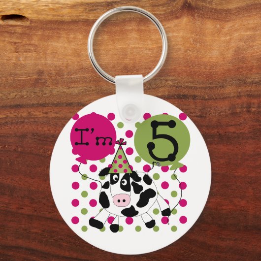 ピンクの牛5誕生日Tシャツとギフト キーホルダー (正面)