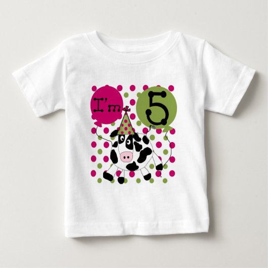 ピンクの牛5誕生日Tシャツとギフト ベビーTシャツ (正面)
