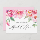 ピンクの牡丹が私の提案になるメイド・オブ・オーナー(花嫁付き添い人) インビテーションポストカード (正面/裏面)