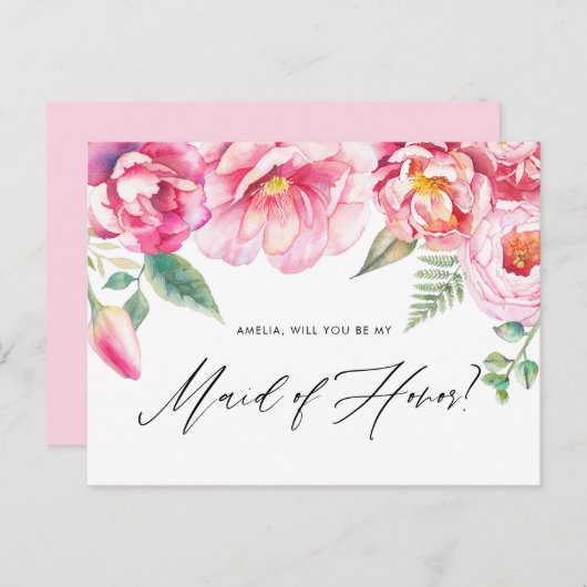 ピンクの牡丹が私の提案になるメイド・オブ・オーナー（花嫁付き添い人） インビテーションポストカード (正面/裏面)