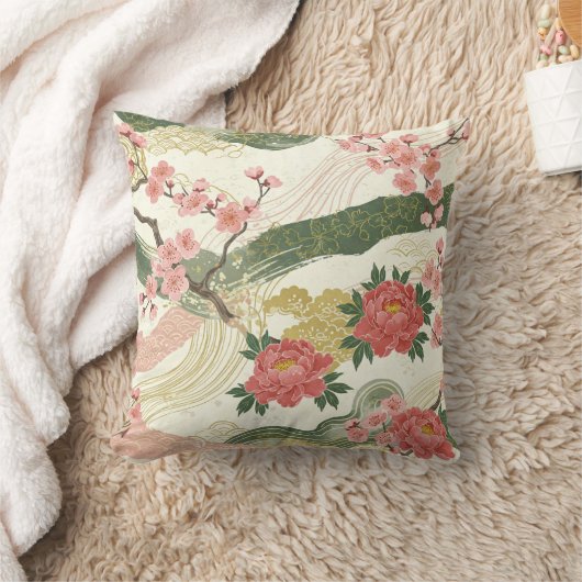 ピンクの牡丹とさくらんぼの花装飾用クッション クッション (ブランケット)