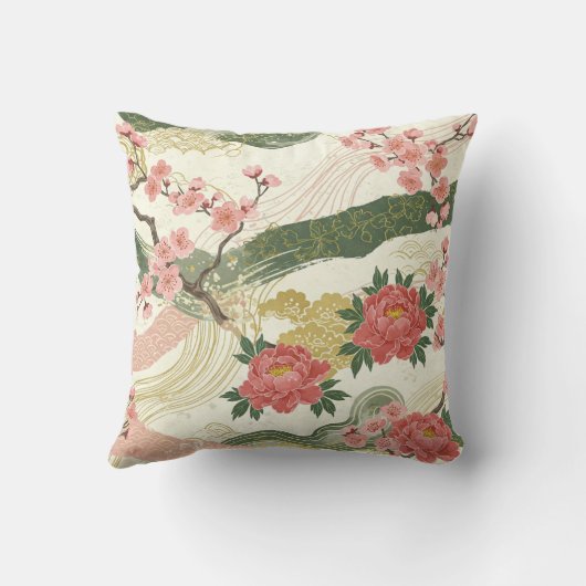 ピンクの牡丹とさくらんぼの花装飾用クッション クッション (裏面)