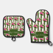 ピンクの牡丹とストライプ 鍋つかみ&鍋敷きセット (正面)