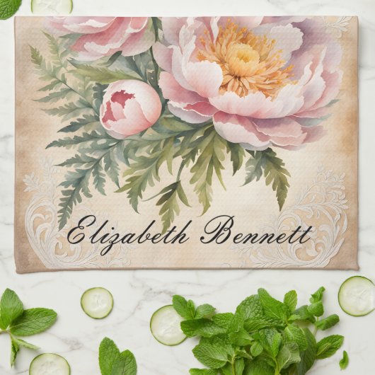 ピンクの牡丹とレース キッチンタオル (折り畳み)