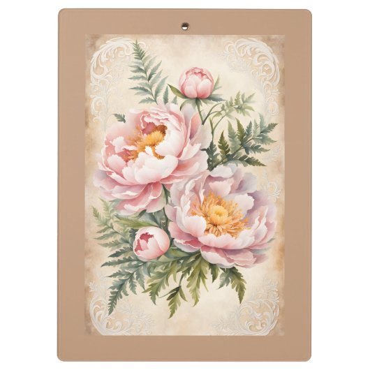 ピンクの牡丹とレース クリップボード (裏面)