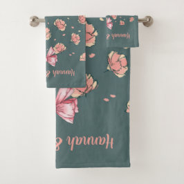 ピンクの牡丹と弓のパターン バスタオルセット