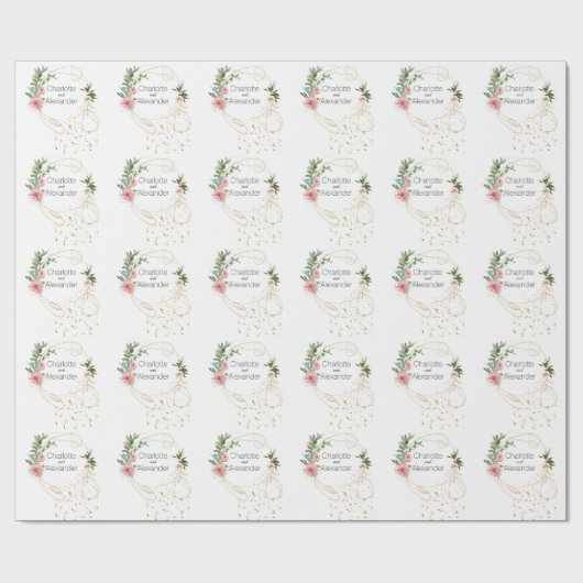 ピンクの牡丹と抽象芸術金ゴールド名 ラッピングペーパー (フラット)