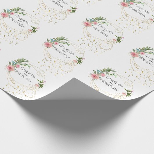 ピンクの牡丹と抽象芸術金ゴールド名 ラッピングペーパー (角)