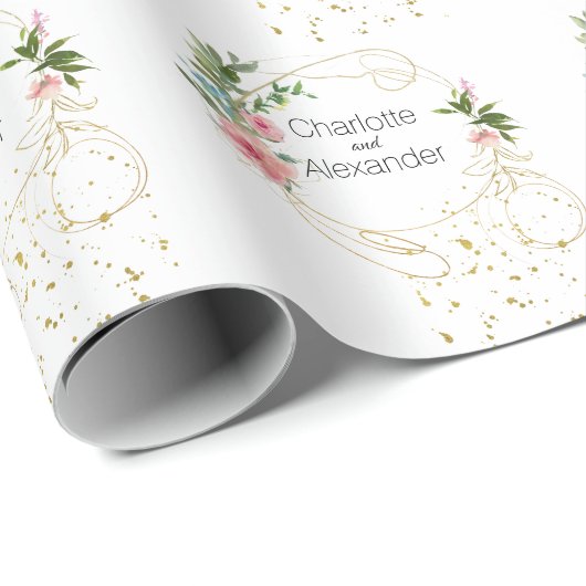 ピンクの牡丹と抽象芸術金ゴールド名 ラッピングペーパー (ロールコーナー)