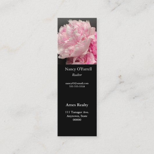 ピンクの牡丹と文字宇宙しおり スキニー名刺 (正面)