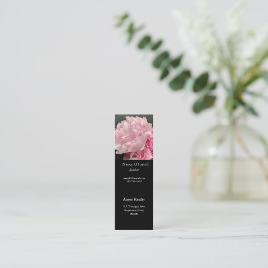 ピンクの牡丹と文字宇宙しおり スキニー名刺 (スタンド正面)