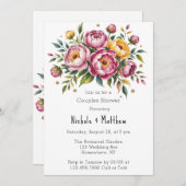 ピンクの牡丹と黄色のフローラカップルのシャワー 招待状 (正面/裏面)