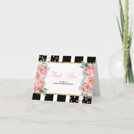 ピンクの牡丹と黒ストライプ色のエレガント牡丹 サンキューカード