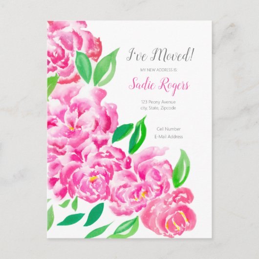 ピンクの牡丹のカスケードニューアドレスを移動 案内ポストカード (正面)