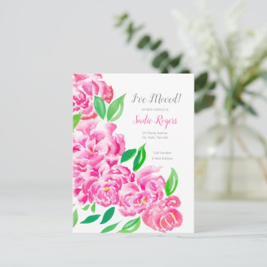 ピンクの牡丹のカスケードニューアドレスを移動 案内ポストカード (スタンド正面)