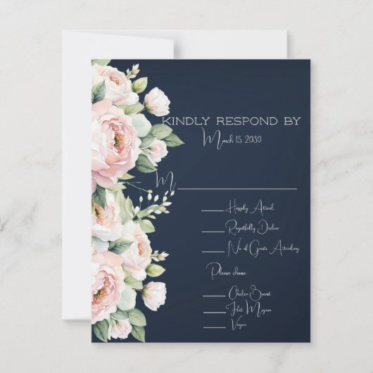ピンクの牡丹のネイビーの背結婚景 出欠カード (正面)