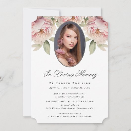 ピンクの牡丹のフローラ写真を愛の記憶に 招待状 (正面)