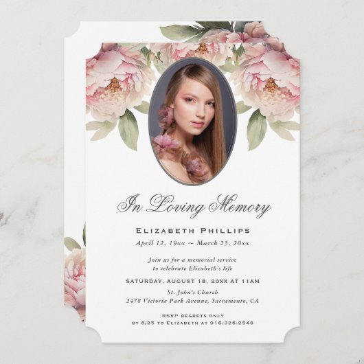 ピンクの牡丹のフローラ写真を愛の記憶に 招待状 (正面/裏面)