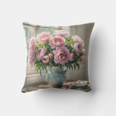 ピンクの牡丹のブーケオンレース クッション (裏面)