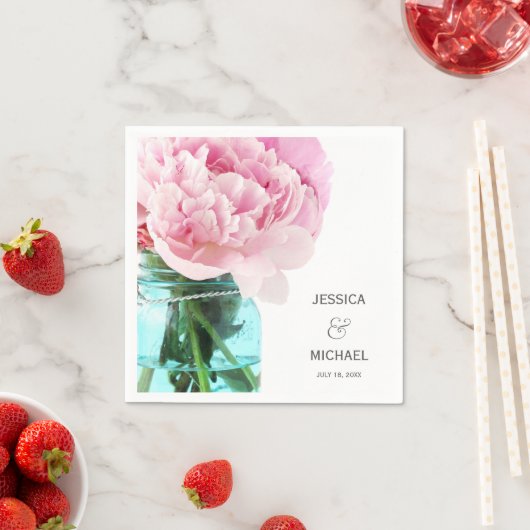 ピンクの牡丹のメイスンパーソナライズされたジャー結婚ズ スタンダードカクテルナプキン (インサイチュ)