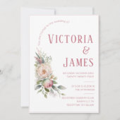 ピンクの牡丹のモダン水結婚色 招待状 (正面)