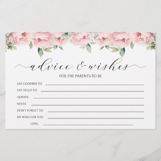 ピンクの牡丹の女の子の赤ちゃんシャワーアドバイスウィッシュカード 便箋 (正面)