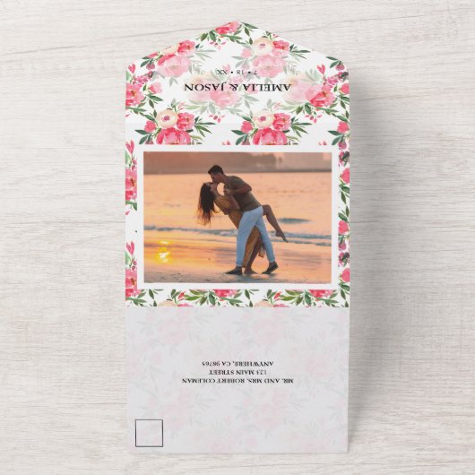 ピンクの牡丹の結婚水色 オールインワン招待状 (外側)