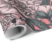 ピンクの牡丹の花と蛾 ラッピングペーパー (ロールコーナー)