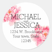 ピンクの牡丹の花のアドレスパーソナライズされた ラウンドシール (正面)