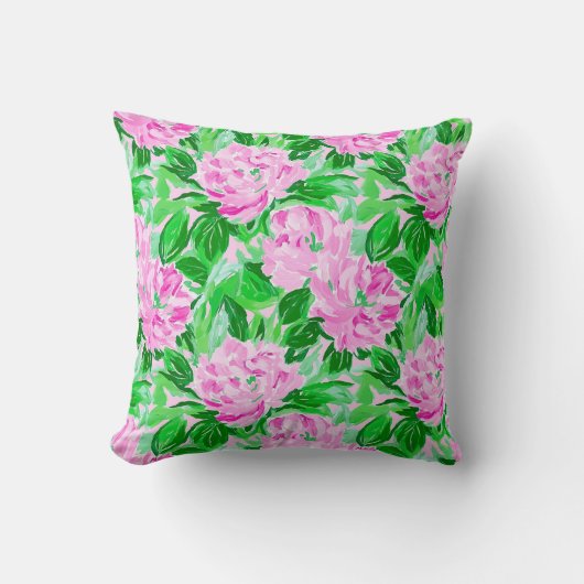 ピンクの牡丹の花のパターン クッション (正面)