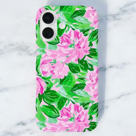 ピンクの牡丹の花のパターン iPhone 16ケース