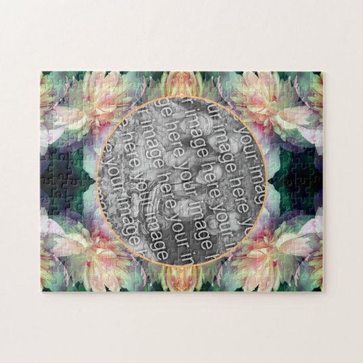 ピンクの牡丹の花のフレームあなたの写真を追加 ジグソーパズル (横)