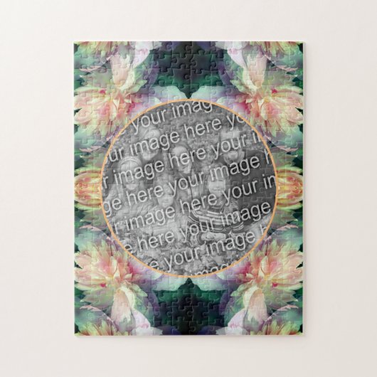 ピンクの牡丹の花のフレームあなたの写真を追加 ジグソーパズル (縦)