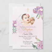 ピンクの牡丹の花の写真付き洗礼招待状 招待状 (正面)