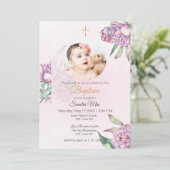 ピンクの牡丹の花の写真付き洗礼招待状 招待状 (スタンド正面)