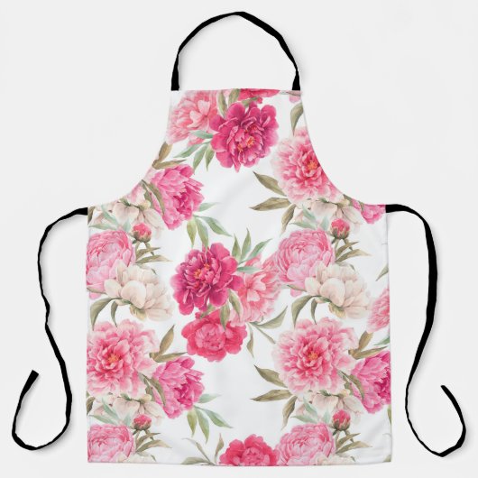 ピンクの牡丹の花の継ぎ目のない模様 エプロン (正面)