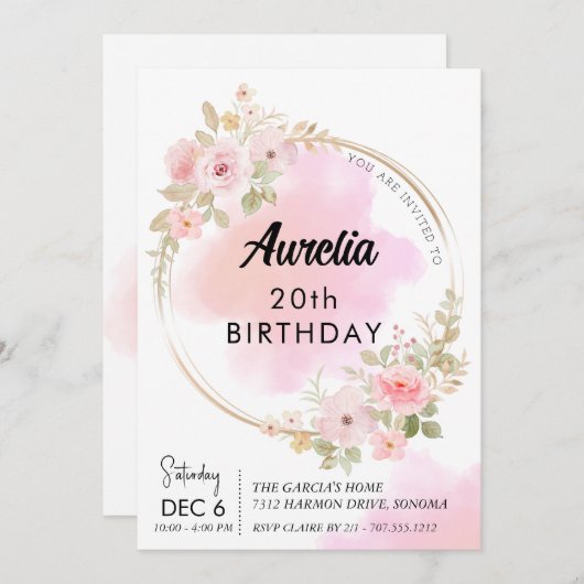 ピンクの牡丹の花の誕生日 招待状 (正面/裏面)