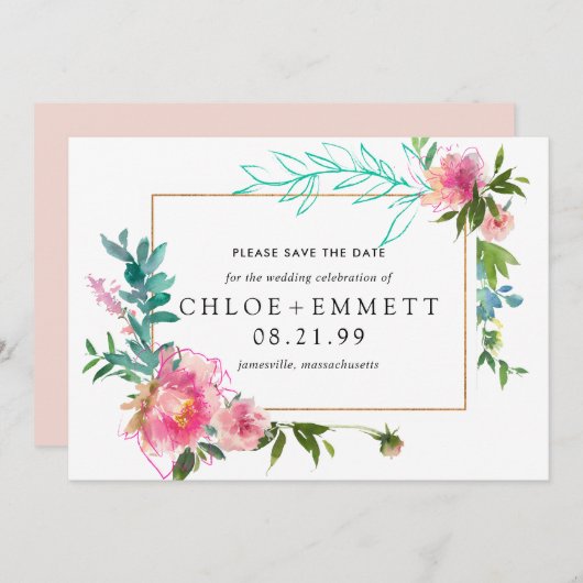 ピンクの牡丹の花のSave the Date招待状 セーブザデート (正面/裏面)