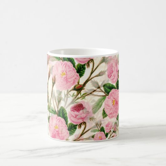 ピンクの牡丹の花葉、花と芽のパターン コーヒーマグカップ (中央)