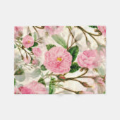 ピンクの牡丹の花葉、花と芽のパターン フリースブランケット (正面(横))