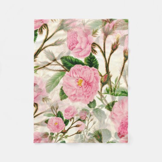 ピンクの牡丹の花葉、花と芽のパターン フリースブランケット (正面)