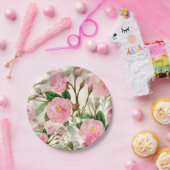 ピンクの牡丹の花葉、花と芽のパターン ペーパープレート (パーティー)